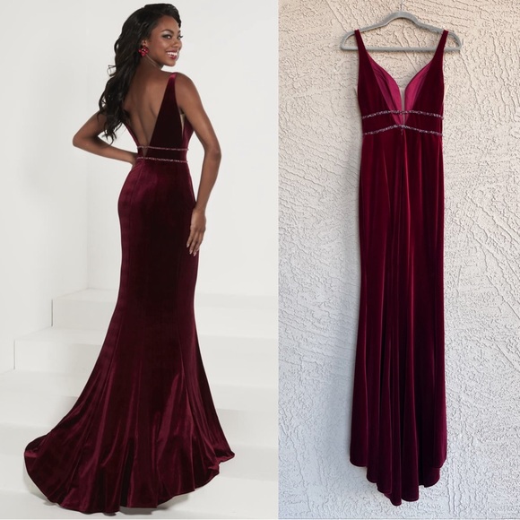 TIFFANY DESIGNS Burgundy Wine Velvet Beaded V Neck Prom Gown Formal Dress Sz 4 - Picture 4 of 12